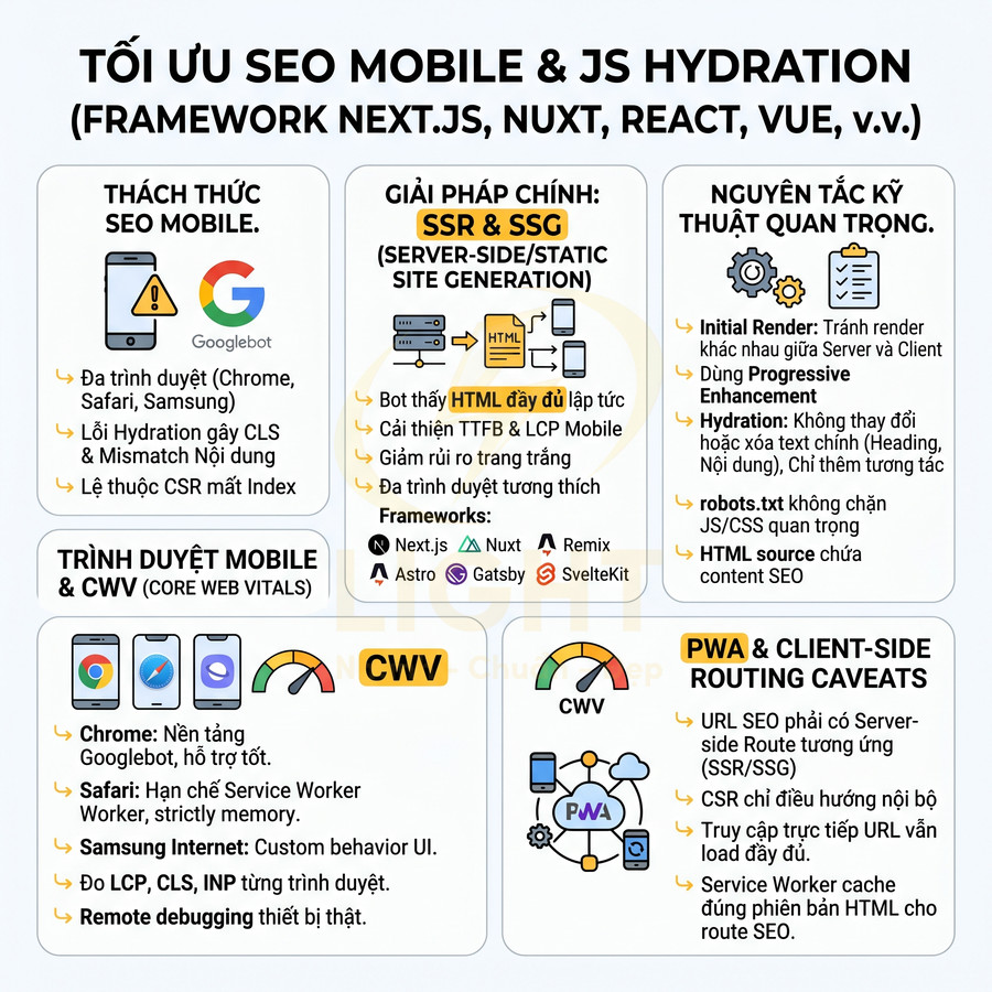 Infographic tối ưu SEO mobile và JS hydration cho website dùng Next.js, Nuxt, React, Vue, giải pháp SSR SSG và PWA