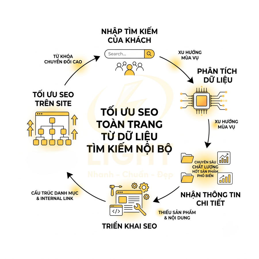 Quy trình tối ưu SEO toàn trang từ dữ liệu tìm kiếm nội bộ với các bước phân tích và triển khai trên website