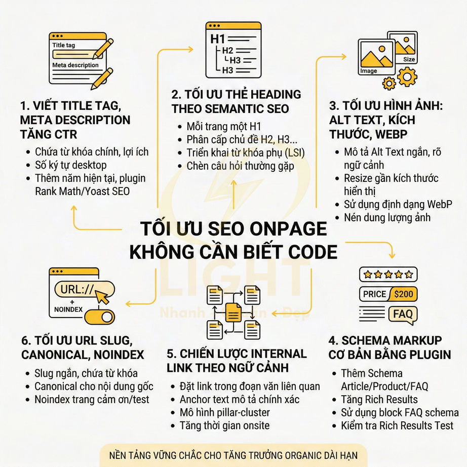 Infographic hướng dẫn tối ưu SEO onpage không cần biết code với 6 bước chi tiết bằng tiếng Việt