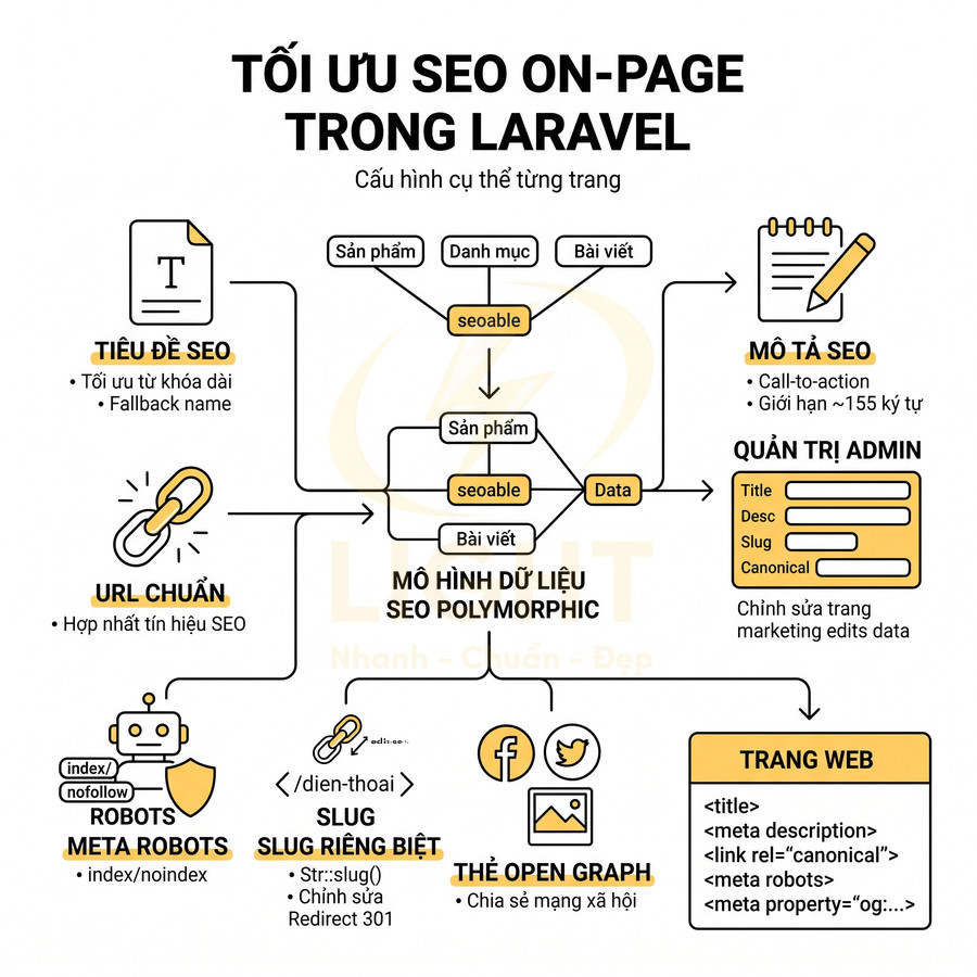 Sơ đồ tối ưu SEO onpage trong Laravel với tiêu đề SEO, URL chuẩn, slug riêng, meta robots và thẻ Open Graph