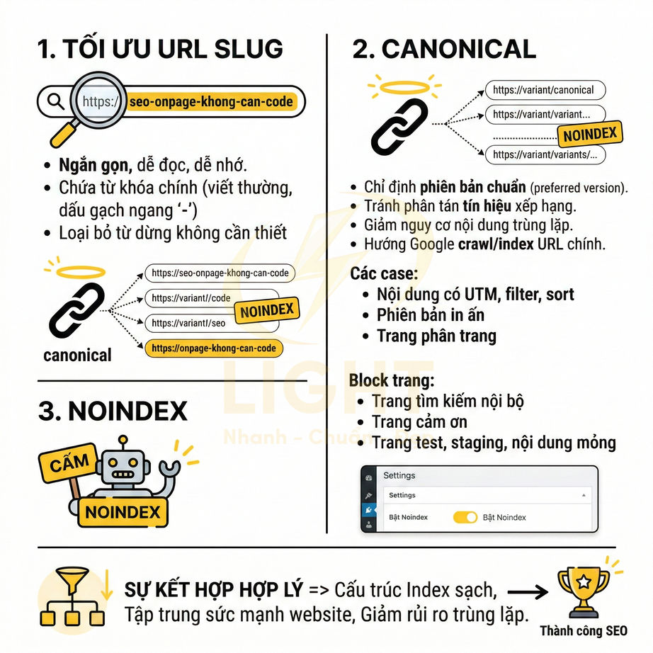 Hướng dẫn tối ưu SEO onpage với URL slug canonical và thẻ noindex để xây dựng cấu trúc index sạch