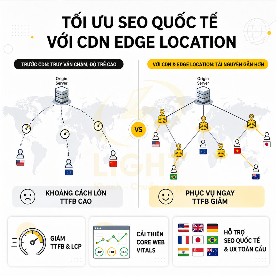 Mô hình so sánh tối ưu SEO quốc tế trước và sau khi dùng CDN Edge Location với các máy chủ phân tán toàn cầu