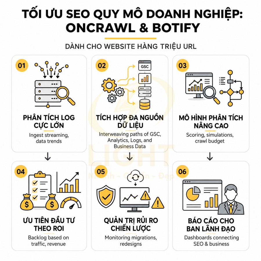 Quy trình tối ưu SEO quy mô lớn với Oncrawl và Botify cho website hàng triệu URL bằng phân tích dữ liệu và báo cáo doanh nghiệp