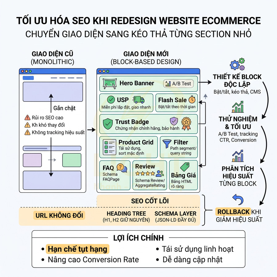 Mô hình redesign website ecommerce dạng block-based tối ưu SEO, giữ URL và heading, giúp test và phân tích hiệu suất từng block