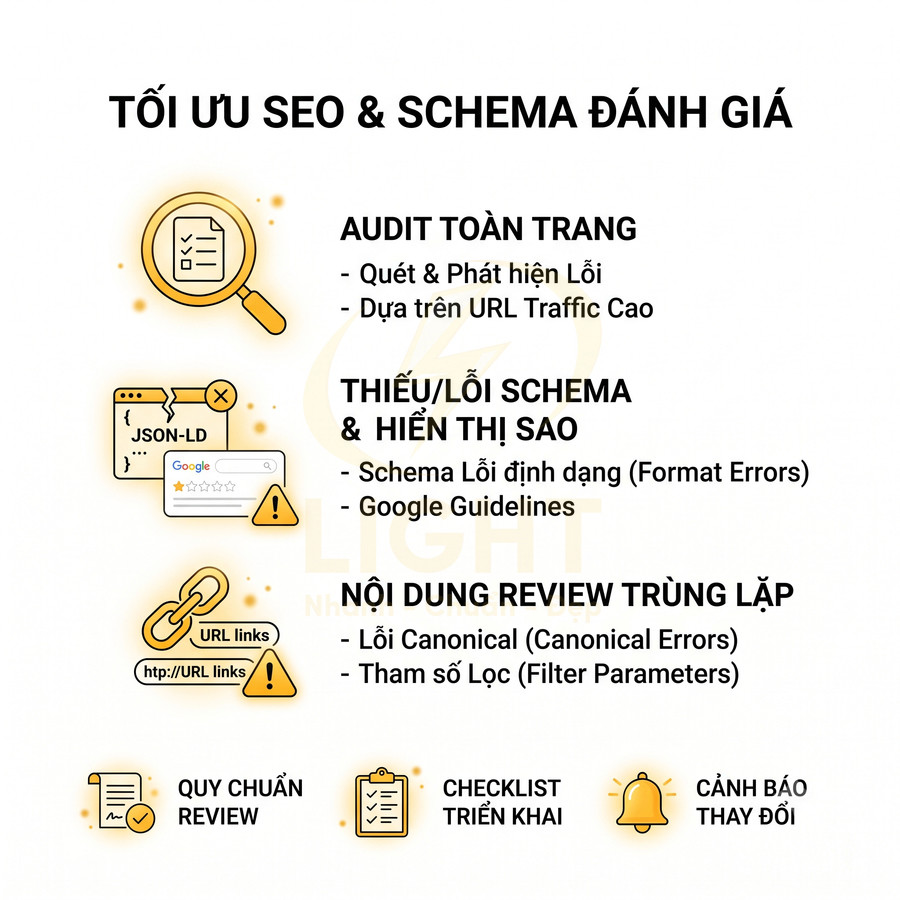 Tối ưu SEO và schema đánh giá với audit toàn trang, sửa lỗi schema, nội dung review trùng lặp và checklist triển khai