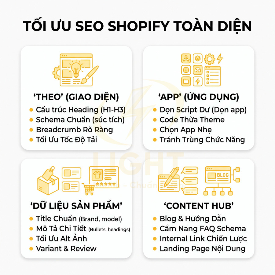 Checklist tối ưu SEO Shopify toàn diện với giao diện, ứng dụng, dữ liệu sản phẩm và content hub