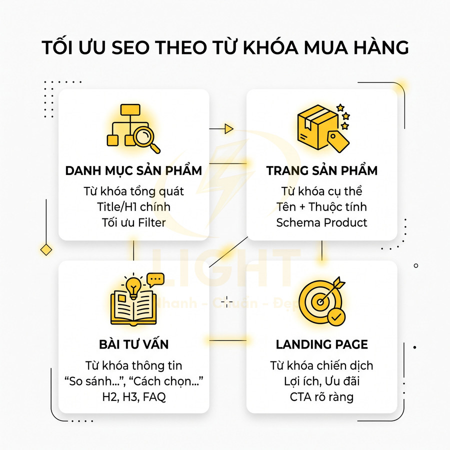 Sơ đồ tối ưu SEO theo từ khóa mua hàng cho danh mục sản phẩm, trang sản phẩm, bài tư vấn và landing page