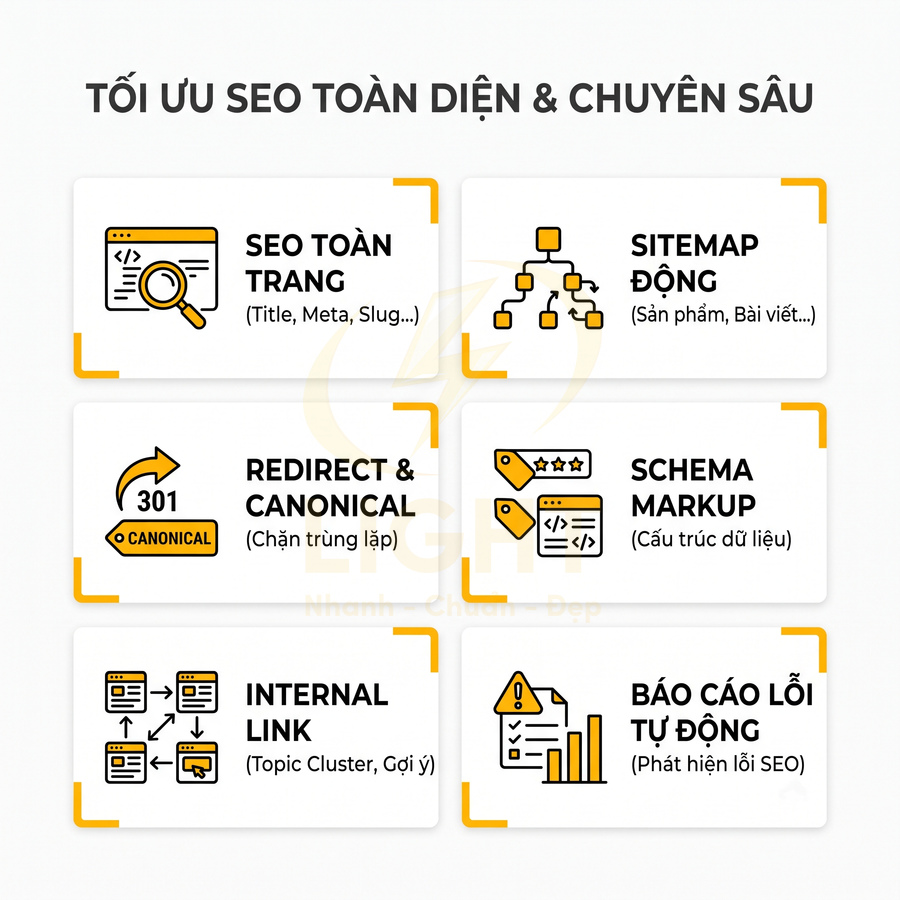 Dịch vụ tối ưu SEO toàn diện với SEO onpage, sitemap động, redirect canonical, schema, internal link và báo cáo lỗi tự động
