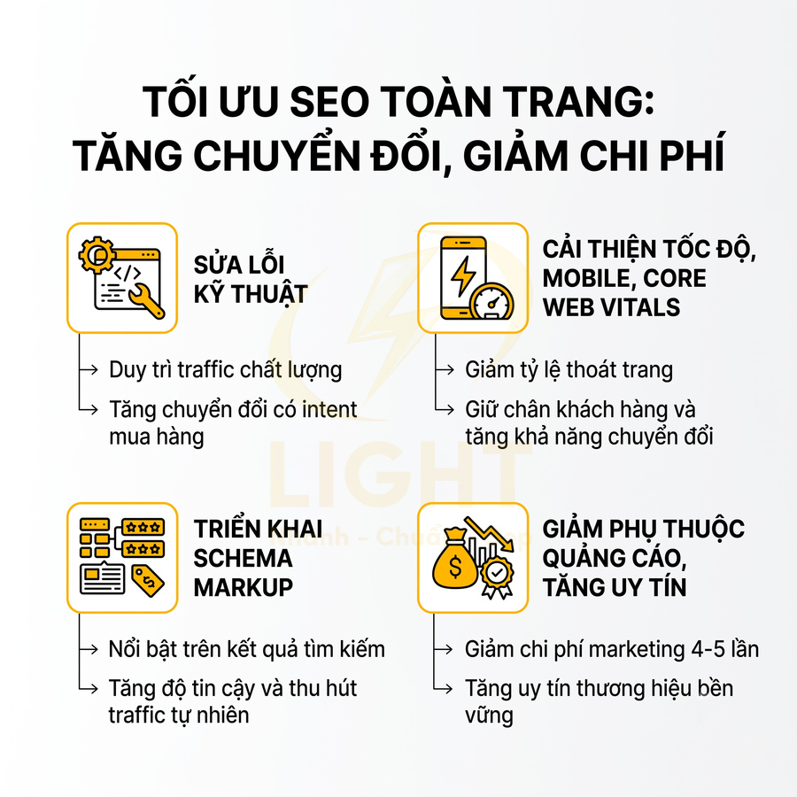 Infographic tối ưu SEO toàn trang giúp tăng chuyển đổi, giảm chi phí với sửa lỗi kỹ thuật, cải thiện tốc độ và triển khai schema