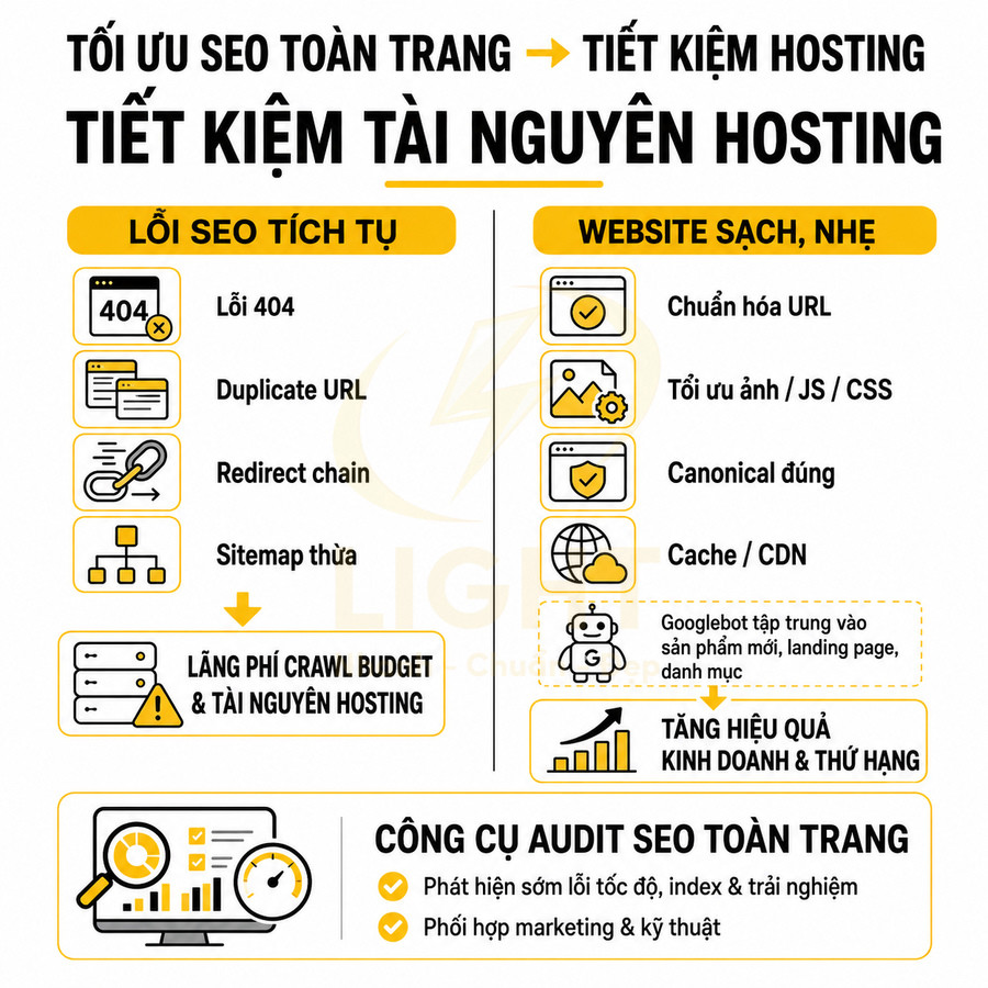 Infographic tối ưu SEO toàn trang để tiết kiệm tài nguyên hosting và giới thiệu công cụ audit SEO toàn trang