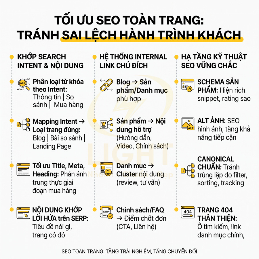 Hướng dẫn tối ưu SEO onpage tránh sai lệch hành trình khách hàng với các bước về nội dung, internal link và kỹ thuật