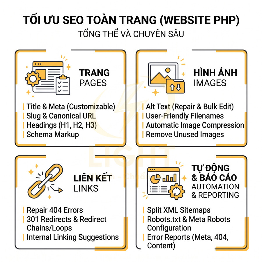 Infographic tối ưu SEO toàn trang cho website PHP với các mục trang, hình ảnh, liên kết, tự động và báo cáo