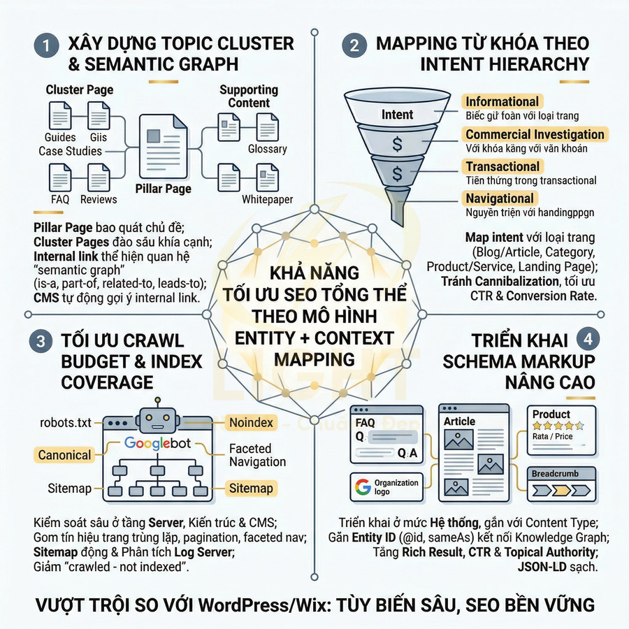 Mô hình tối ưu SEO tổng thể với topic cluster, intent mapping, crawl budget và schema markup nâng cao