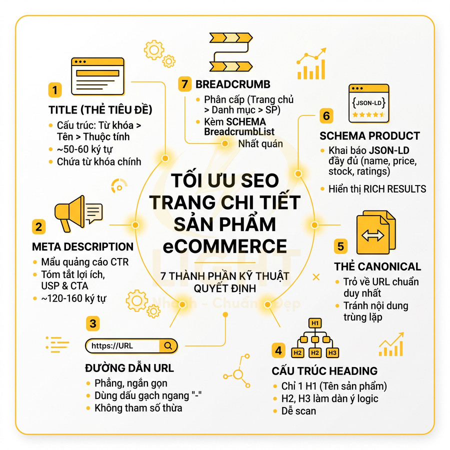 Infographic tối ưu SEO trang chi tiết sản phẩm eCommerce với 7 thành phần kỹ thuật quan trọng