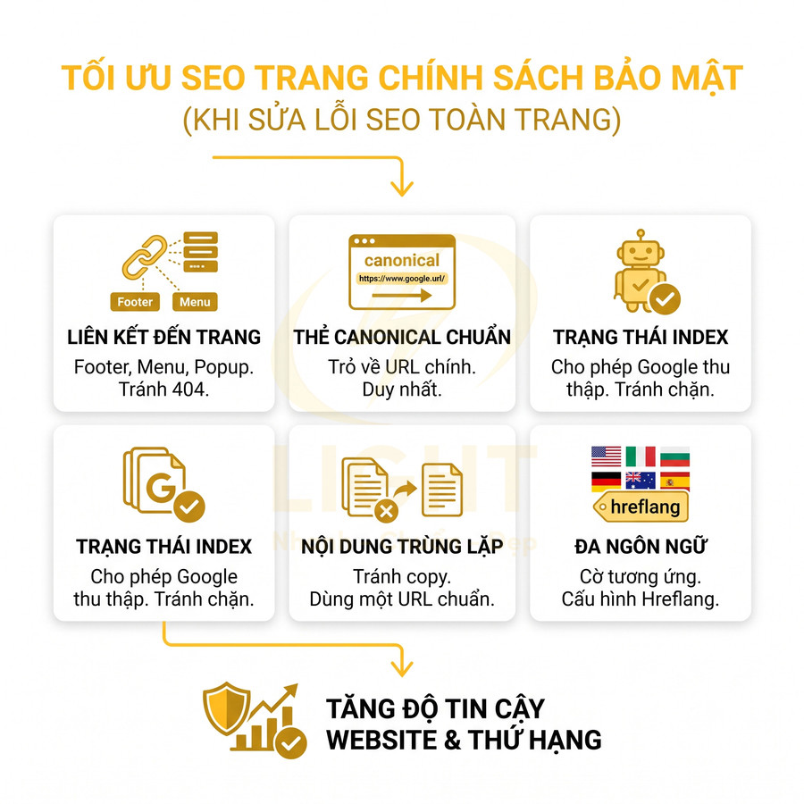 Hướng dẫn tối ưu SEO trang chính sách bảo mật với liên kết nội bộ, canonical, index, hreflang và xử lý nội dung trùng lặp