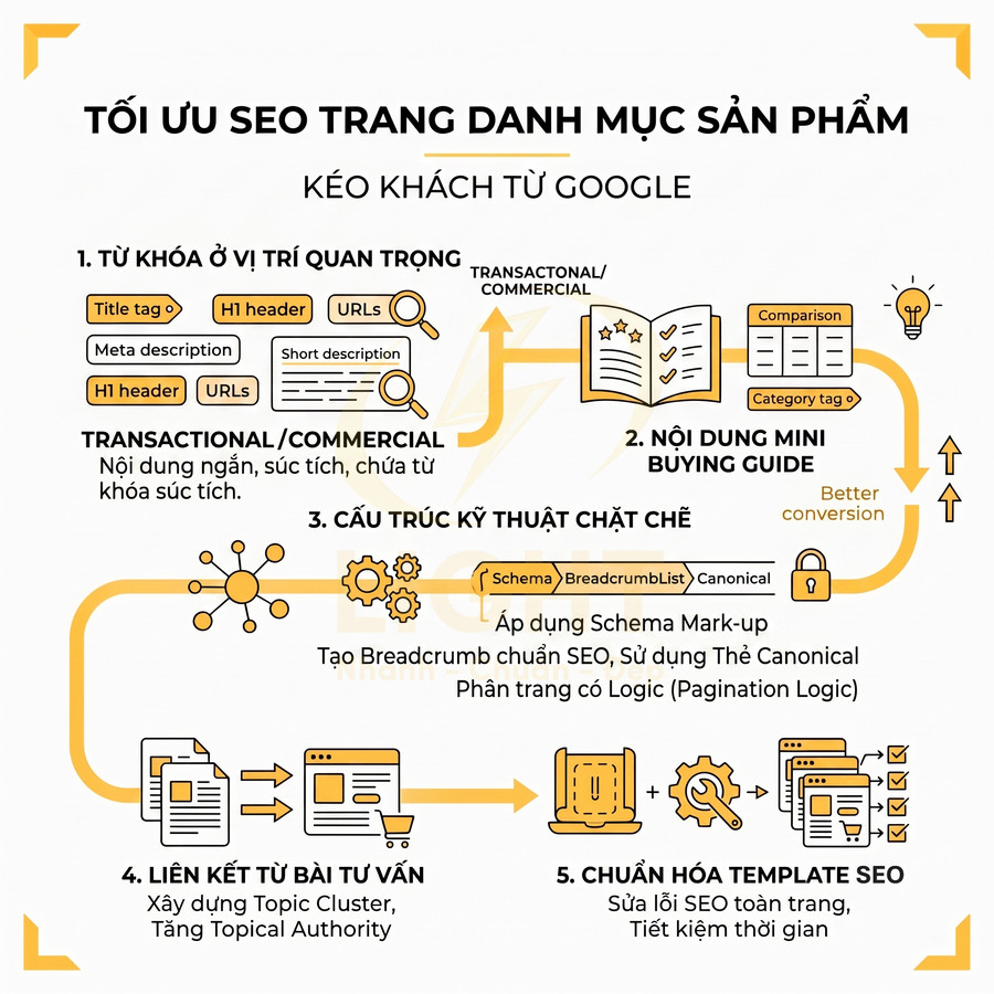Infographic hướng dẫn tối ưu SEO trang danh mục sản phẩm để kéo khách hàng từ Google
