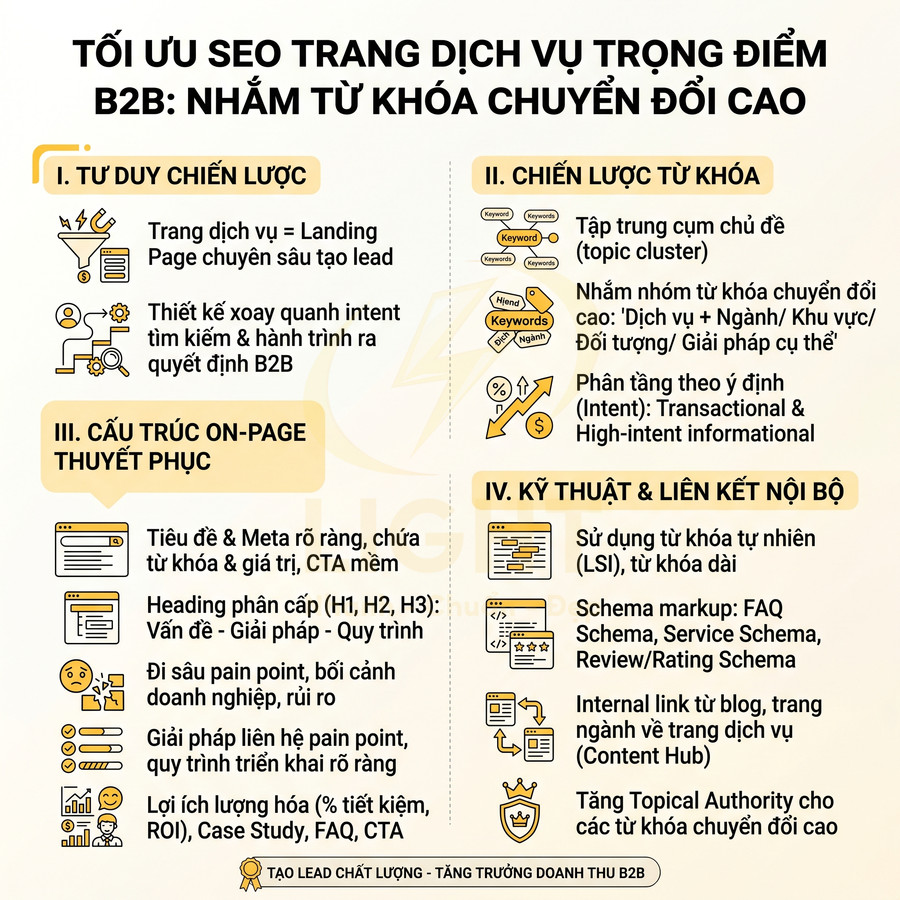 Infographic hướng dẫn tối ưu SEO trang dịch vụ B2B tập trung từ khóa chuyển đổi cao và cấu trúc onpage thuyết phục