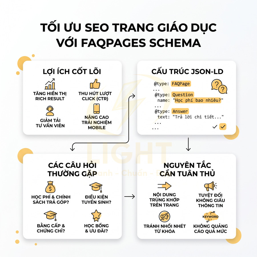 Infographic tối ưu SEO trang giáo dục với FAQPages schema, lợi ích, cấu trúc JSON LD và các nguyên tắc triển khai