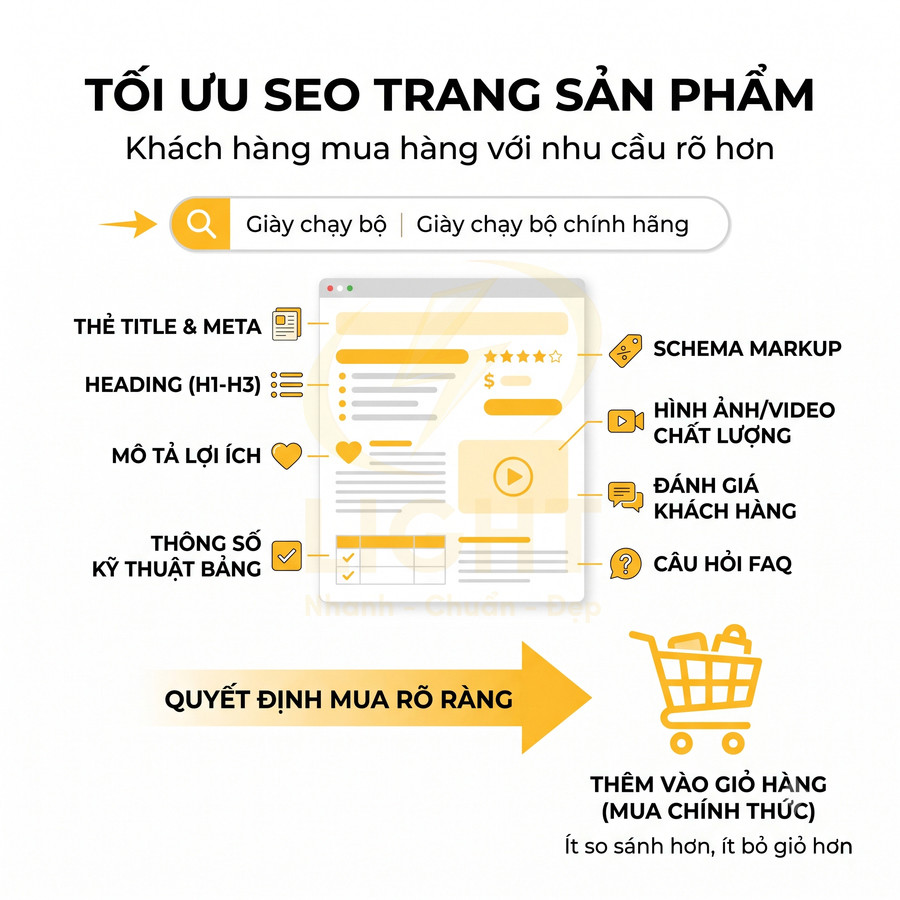 Hướng dẫn tối ưu SEO trang sản phẩm với tiêu đề, mô tả, schema, hình ảnh, đánh giá và FAQ để tăng tỉ lệ thêm vào giỏ hàng