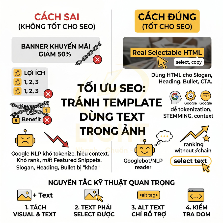 Hướng dẫn tối ưu SEO tránh dùng text trong ảnh, so sánh cách sai và cách đúng với HTML chọn được và alt text hỗ trợ