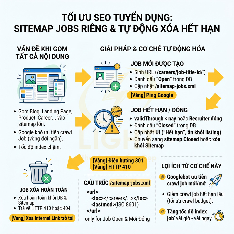 Infographic hướng dẫn tối ưu SEO tuyển dụng với sitemap jobs riêng và cơ chế tự động xóa tin tuyển dụng hết hạn