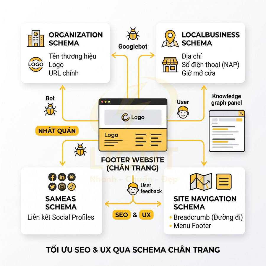 Sơ đồ tối ưu SEO và UX cho footer website bằng các loại schema Organization, LocalBusiness, SameAs và Site Navigation
