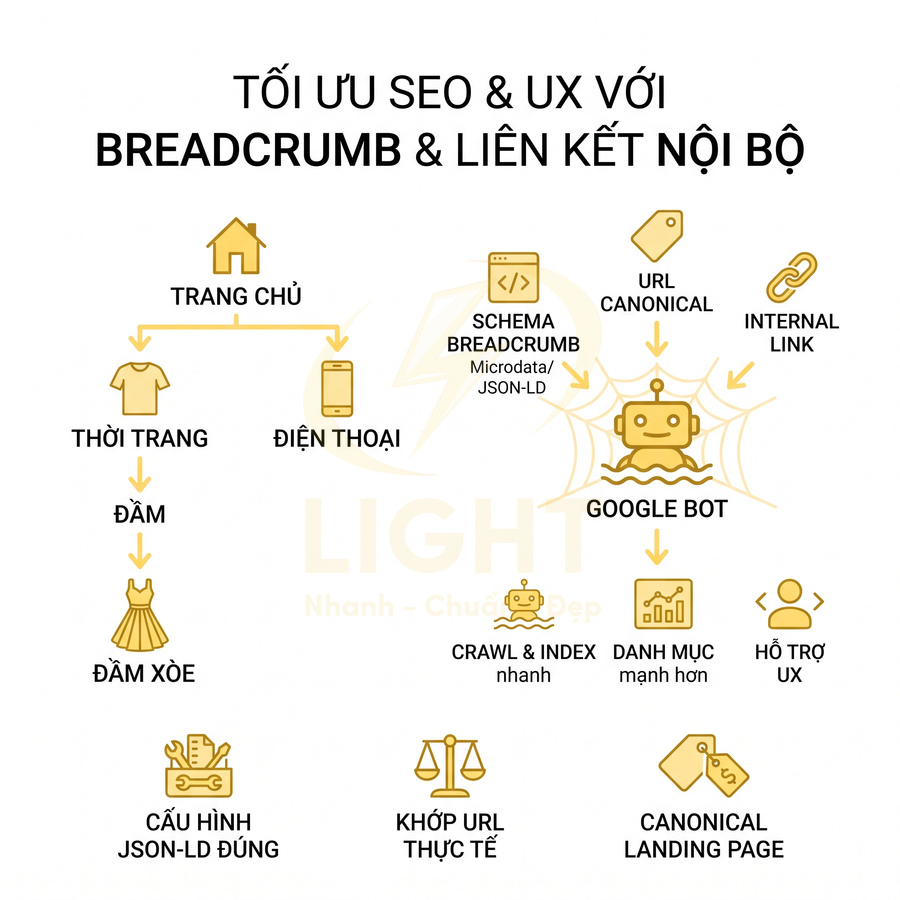 Sơ đồ tối ưu SEO UX với breadcrumb, liên kết nội bộ, schema, canonical và Google bot crawl index nhanh