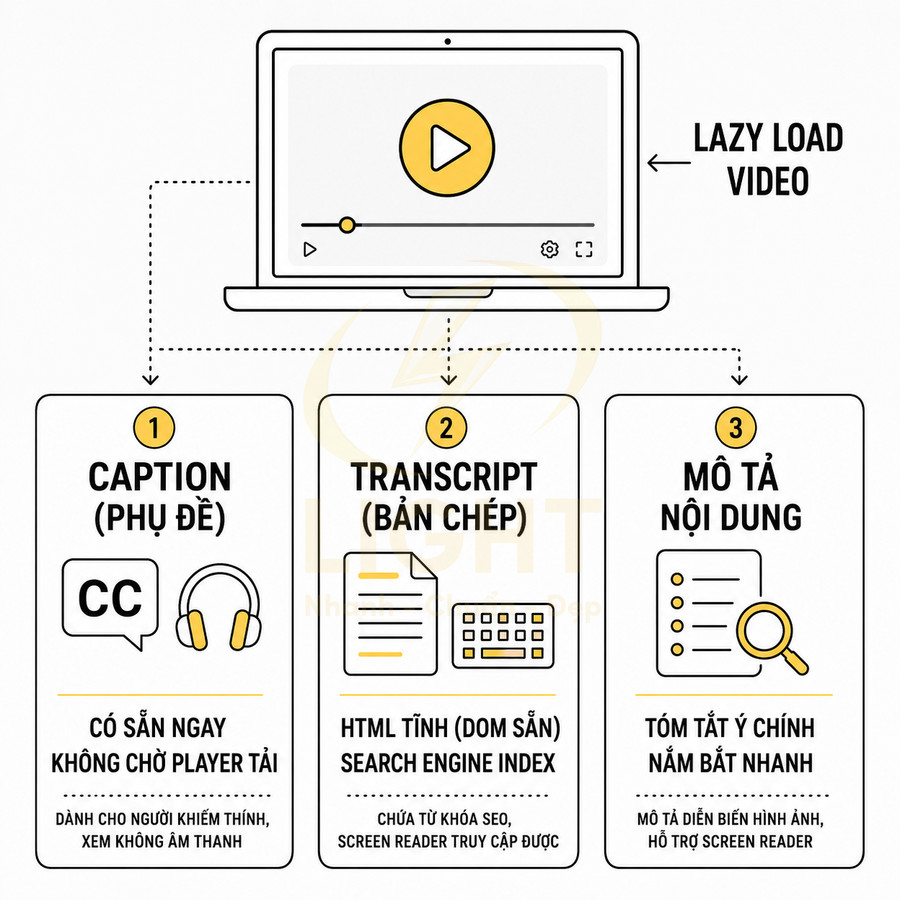 Minh họa laptop phát video và ba giải pháp tối ưu SEO video: caption, transcript và mô tả nội dung