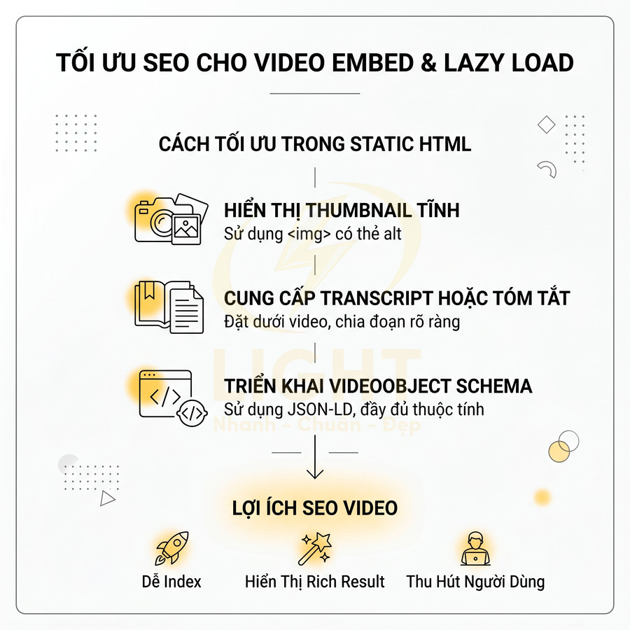 Hướng dẫn tối ưu SEO cho video embed và lazy load với thumbnail tĩnh, transcript và VideoObject schema