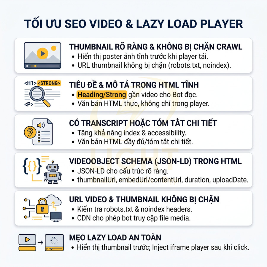 Hướng dẫn tối ưu SEO video và lazy load player với thumbnail, transcript, schema và URL không bị chặn
