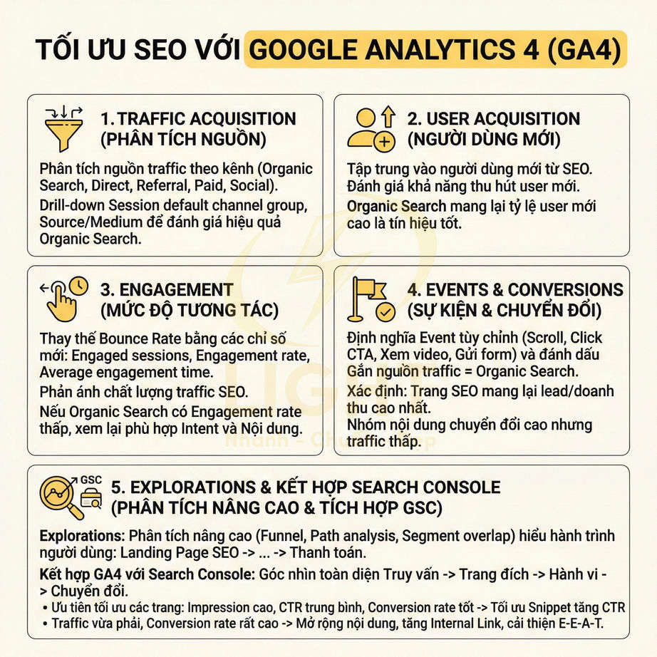 Hướng dẫn tối ưu SEO với Google Analytics 4 GA4 gồm 5 mục: Traffic, User, Engagement, Events, Explorations
