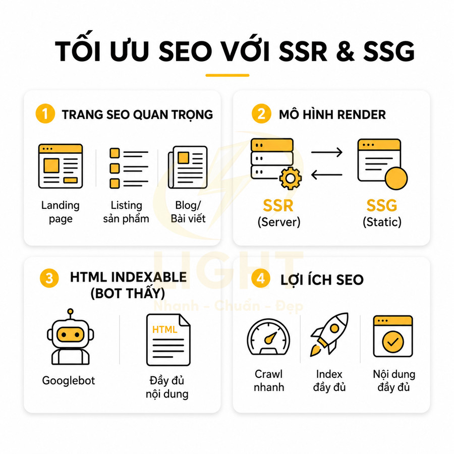 Infographic tối ưu SEO với SSR và SSG, mô tả trang quan trọng, mô hình render, HTML indexable và lợi ích SEO