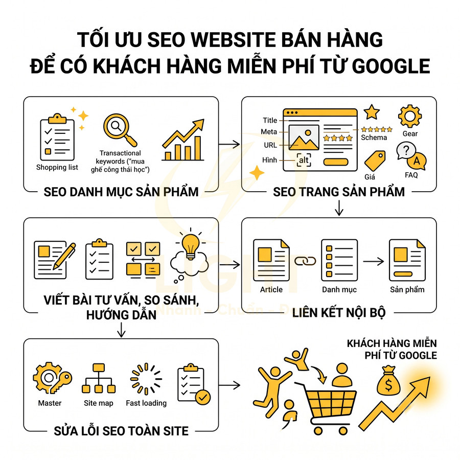 Quy trình tối ưu SEO website bán hàng để tăng khách hàng miễn phí từ Google với các bước và biểu tượng minh họa