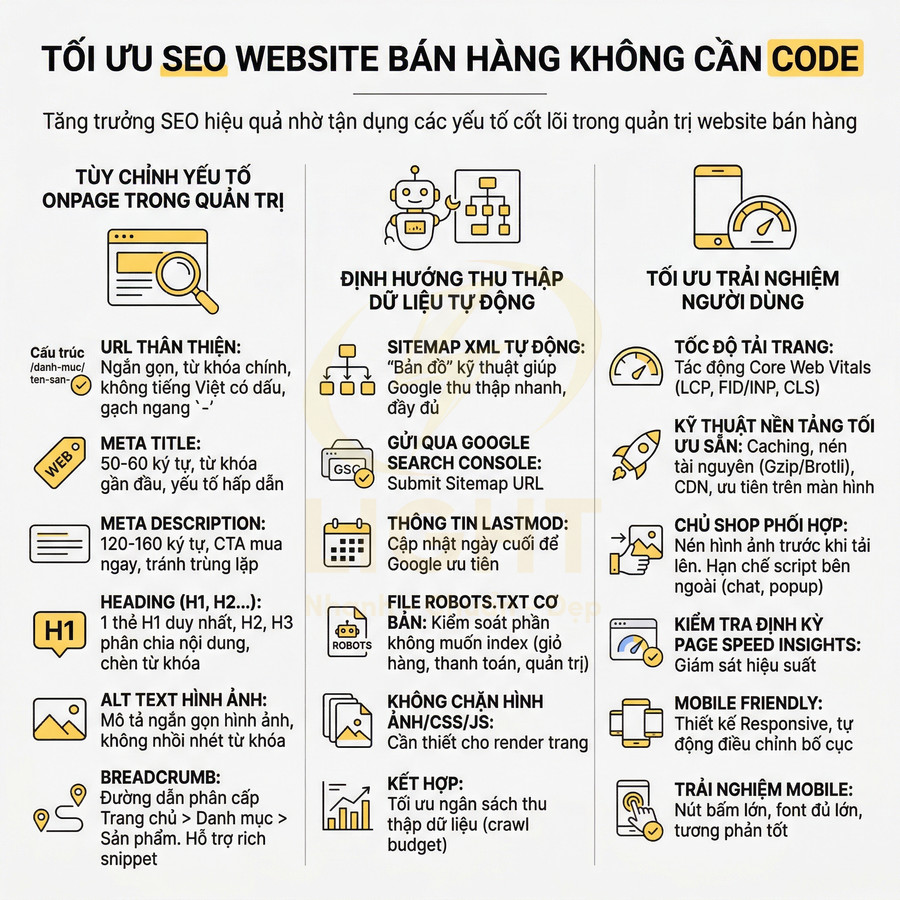 Hướng dẫn tối ưu SEO website bán hàng không cần code với các bước onpage, sitemap, tốc độ tải trang và trải nghiệm người dùng