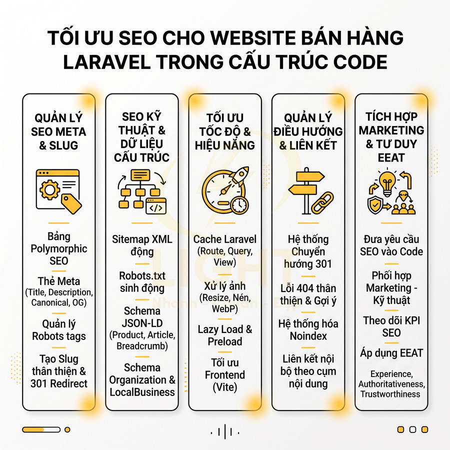 Infographic tối ưu SEO cho website bán hàng Laravel với các nhóm giải pháp kỹ thuật và marketing trong cấu trúc code