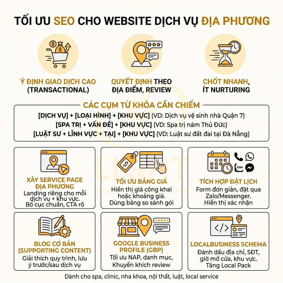 Infographic tối ưu SEO cho website dịch vụ địa phương với từ khóa, service page, bảng giá và Google Business Profile