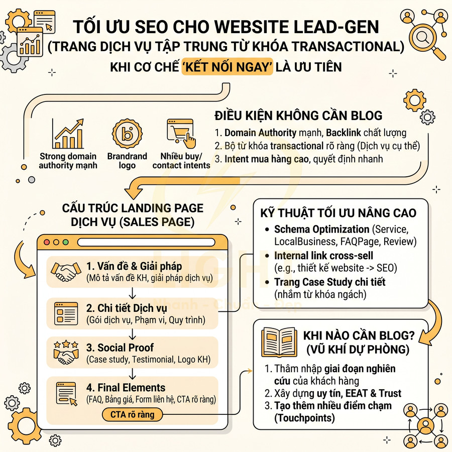 Infographic tối ưu SEO cho website lead gen, hướng dẫn cấu trúc landing page dịch vụ và kỹ thuật nâng cao không cần blog