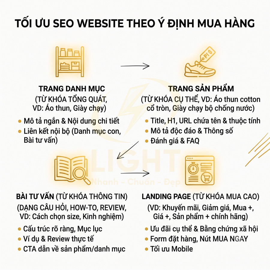 Hướng dẫn tối ưu SEO website theo ý định mua hàng với trang danh mục, sản phẩm, bài tư vấn và landing page