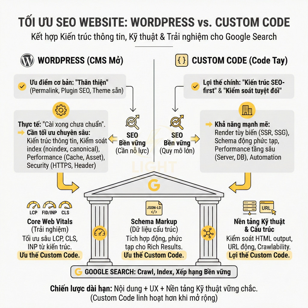 So sánh tối ưu SEO website giữa WordPress CMS và lập trình Custom Code với kiến trúc, kỹ thuật, trải nghiệm cho Google Search