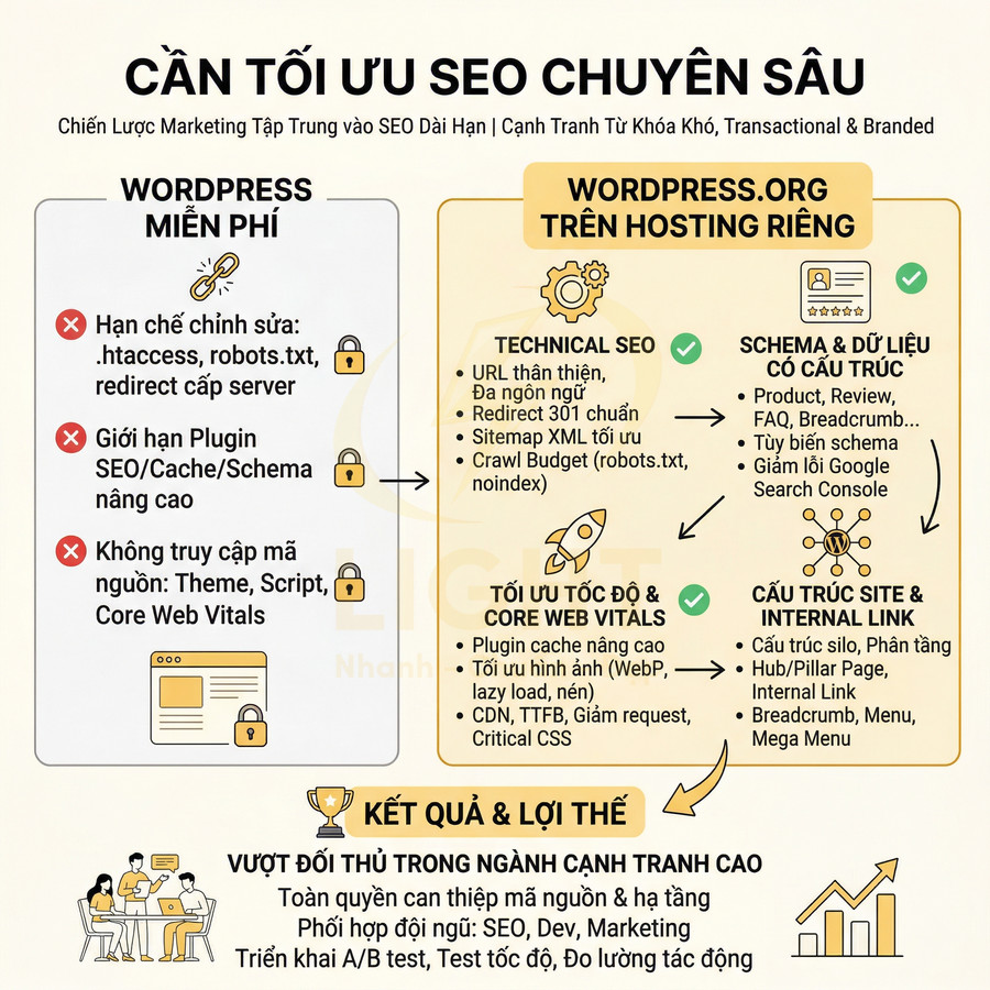 Infographic so sánh tối ưu SEO chuyên sâu giữa WordPress miễn phí và WordPress.org trên hosting riêng