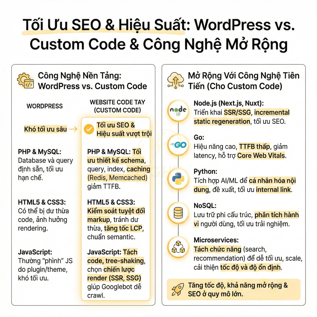 So sánh tối ưu SEO và hiệu suất giữa WordPress, code tay và công nghệ mở rộng như Node.js, Go, Python