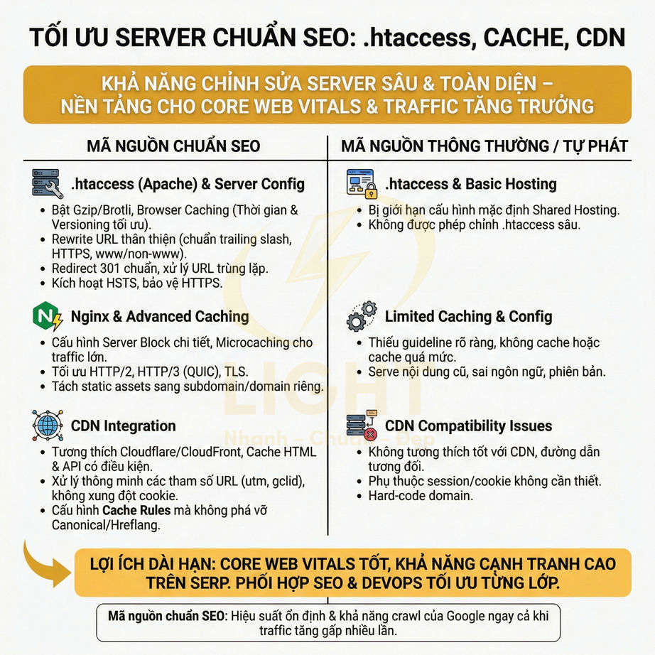 Infographic so sánh tối ưu server chuẩn SEO với mã nguồn thông thường về htaccess cache CDN và cấu hình hosting