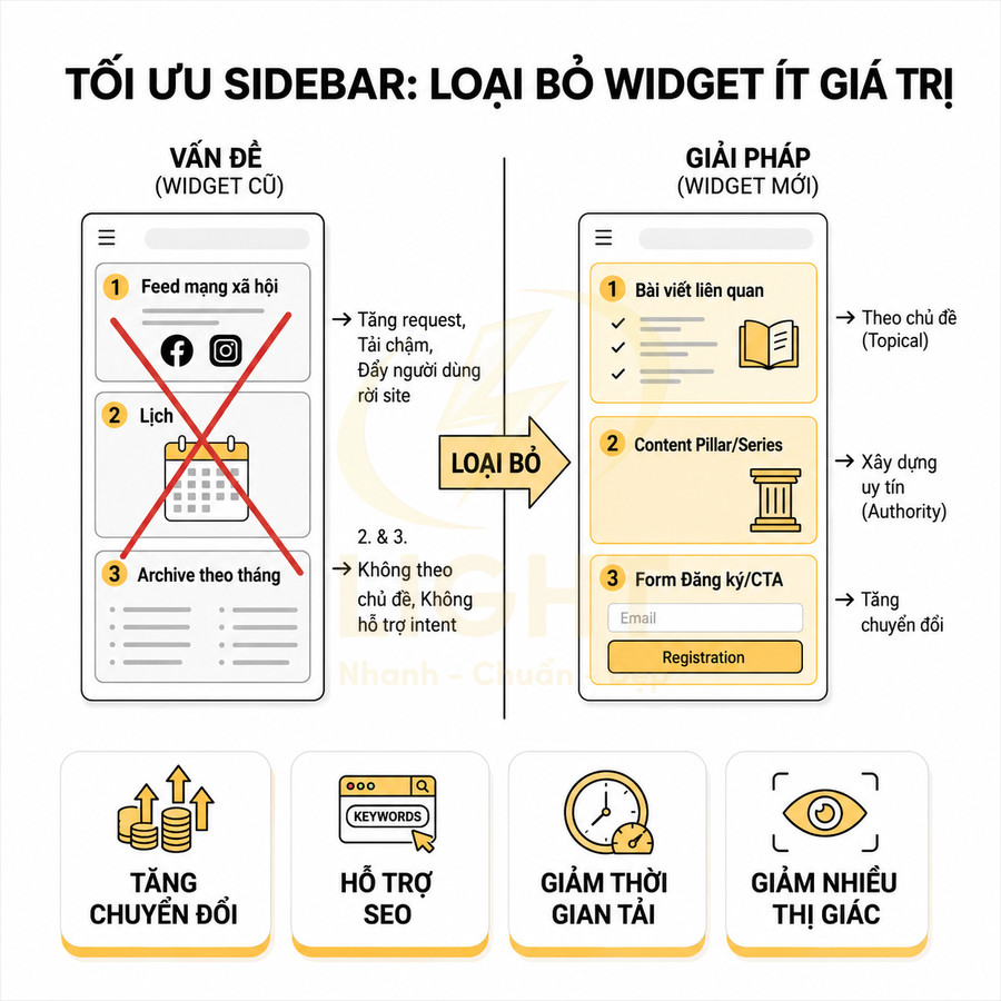 Hướng dẫn tối ưu sidebar blog bằng cách loại bỏ widget ít giá trị và thay bằng bài viết liên quan, content pillar, form đăng ký