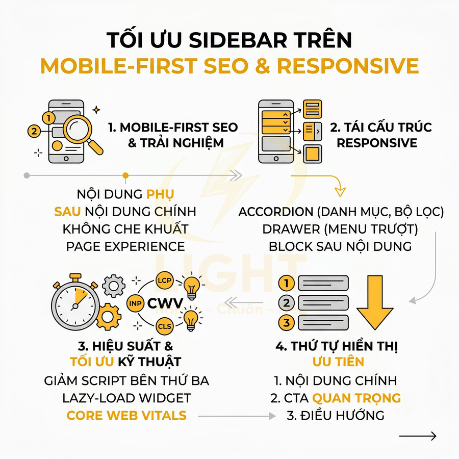 Hướng dẫn tối ưu sidebar cho mobile first SEO và responsive với 4 bước và minh họa icon trực quan