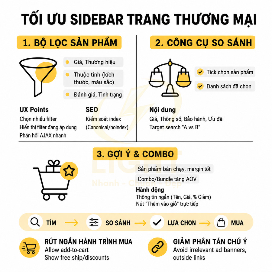 Infographic tối ưu sidebar trang thương mại điện tử với bộ lọc sản phẩm, công cụ so sánh và gợi ý combo mua hàng