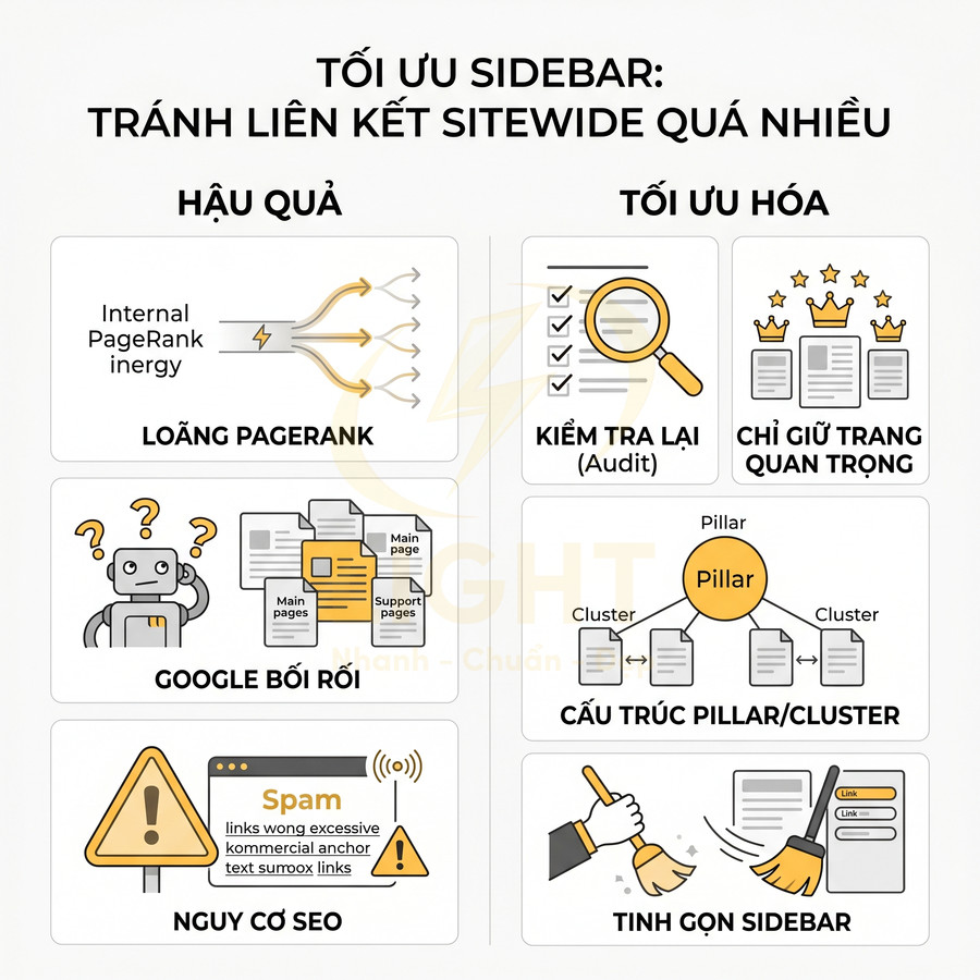 Hướng dẫn tối ưu sidebar tránh liên kết sitewide quá nhiều với hậu quả và cách tối ưu cấu trúc pillar cluster