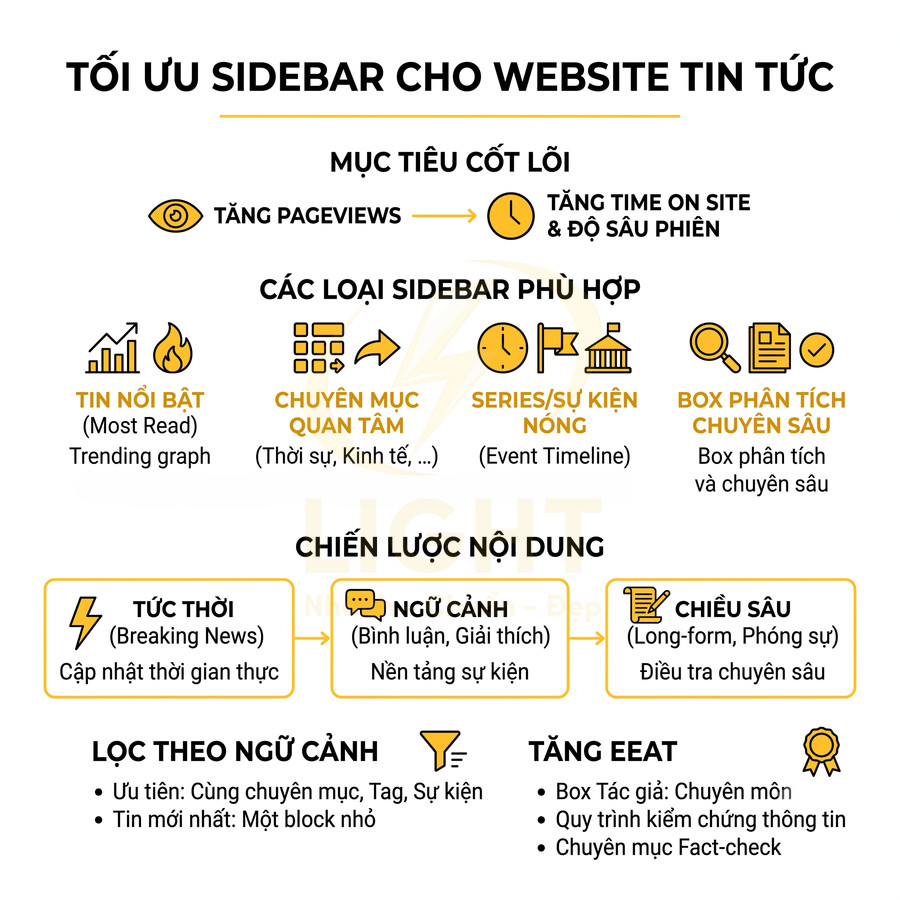 Infographic tối ưu sidebar cho website tin tức với mục tiêu tăng pageviews và chiến lược nội dung chi tiết