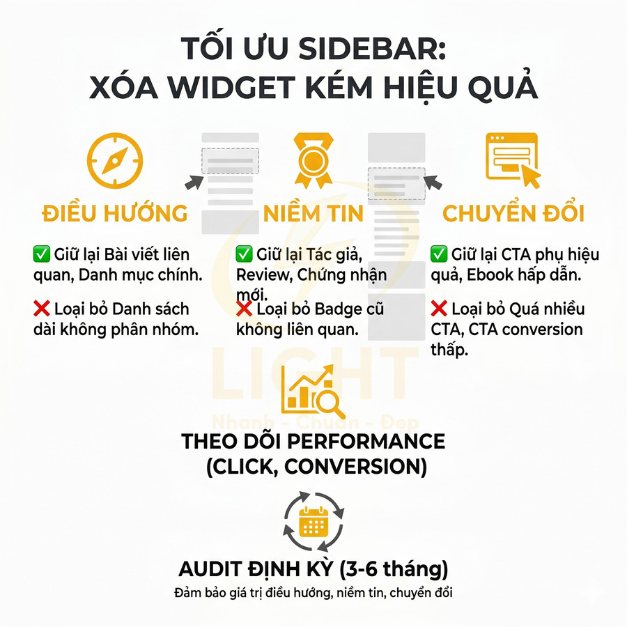 Hướng dẫn tối ưu sidebar website, xóa widget kém hiệu quả để tăng điều hướng, niềm tin và chuyển đổi