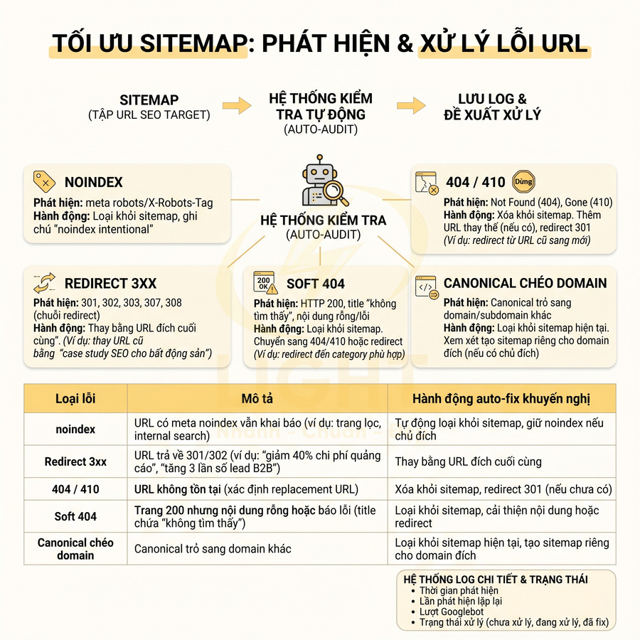 Sơ đồ tối ưu sitemap phát hiện và xử lý lỗi URL noindex, redirect 3xx, 404, soft 404, canonical chéo domain