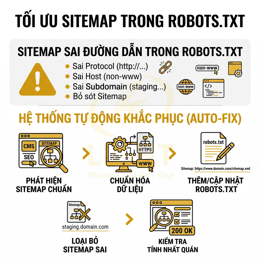 Hướng dẫn tối ưu sitemap trong robots.txt với quy trình tự động phát hiện và sửa lỗi đường dẫn sitemap